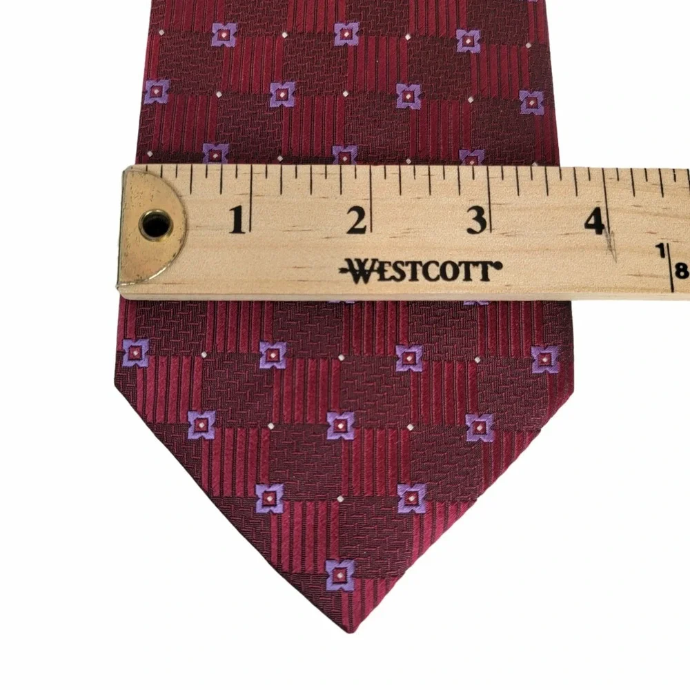 BELISI Gingham Floral Burgundy Silk Power‎ Tie Handmade Wide Patterned Jacquard
